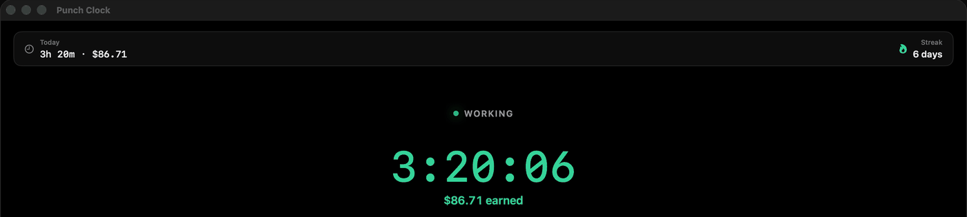 Punch Clock for Mac: today 3h 20m and $86.71, working, 3:20:06 on the clock, $86.71 earned