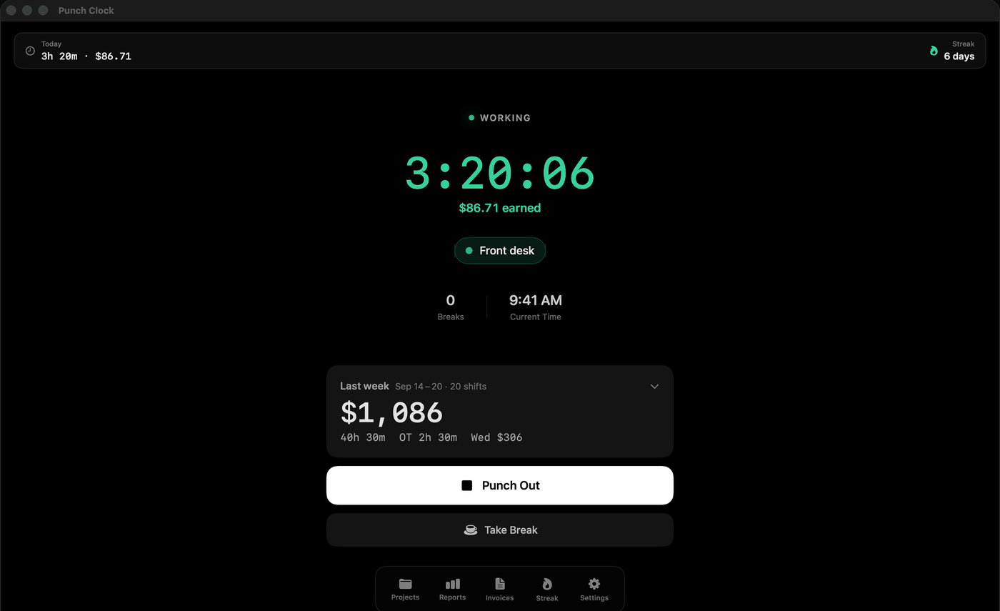 Punch Clock on Mac: 3:20:06 on the clock and $86.71 earned at Front desk, last week's $1,086 below, with Punch Out and Take Break